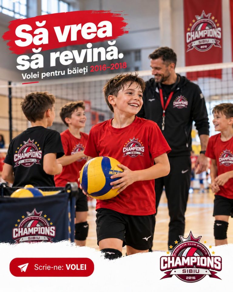 16.10.2026La Champions Sibiu formăm o nouă grupă de inițiere în volei pentru băieții 𝐧𝐚̆𝐬𝐜𝐮𝐭̦𝐢 𝐢̂𝐧 𝟐𝟎𝟏𝟔, 𝟐𝟎𝟏𝟕 𝐬̦𝐢 𝟐𝟎𝟏